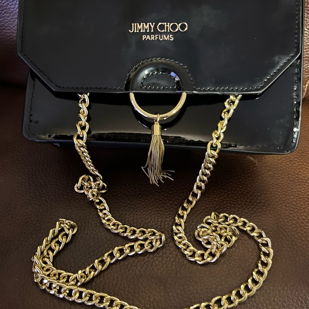 Jimmy Choo Glossy Black Clutch with Gold Chain